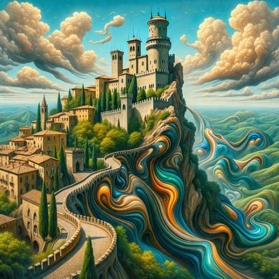 Primary subject: A painting of a castle on a hill with a winding road leading up to it.

Setting/background: The painting features a mountainous landscape with a castle on top of a hill. The winding road is painted in a vibrant blue color, adding a sense of depth and movement to the scene.

Visual style: The painting is a digital artwork, showcasing intricate details and a rich color palette.

Colors and mood: The painting is predominantly blue, with the castle and the winding road painted in shades of blue. The overall atmosphere is serene and captivating, inviting the viewer to explore the enchanting world of the castle and its surroundings.